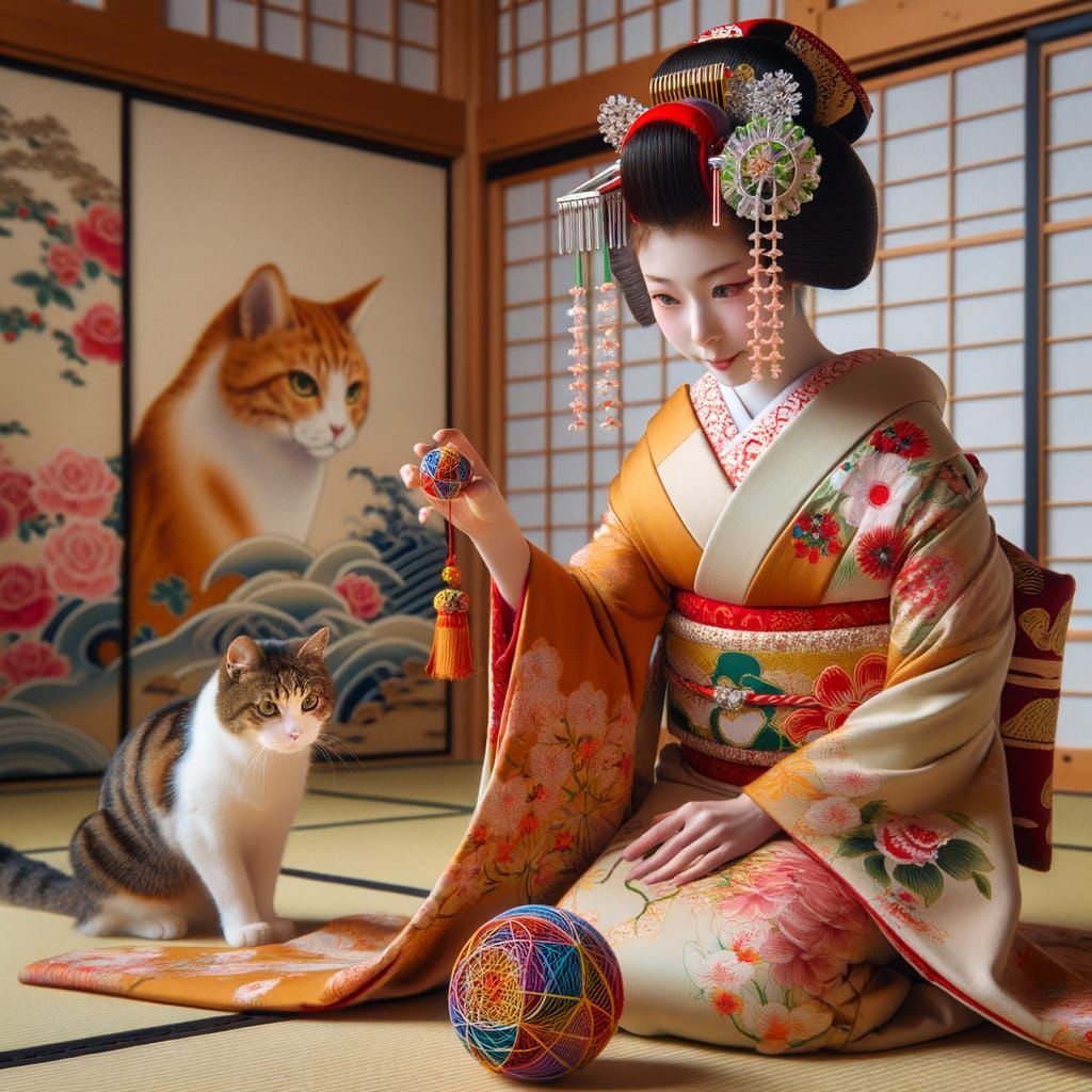 Maiko Geisha with Temari Ball and Cat