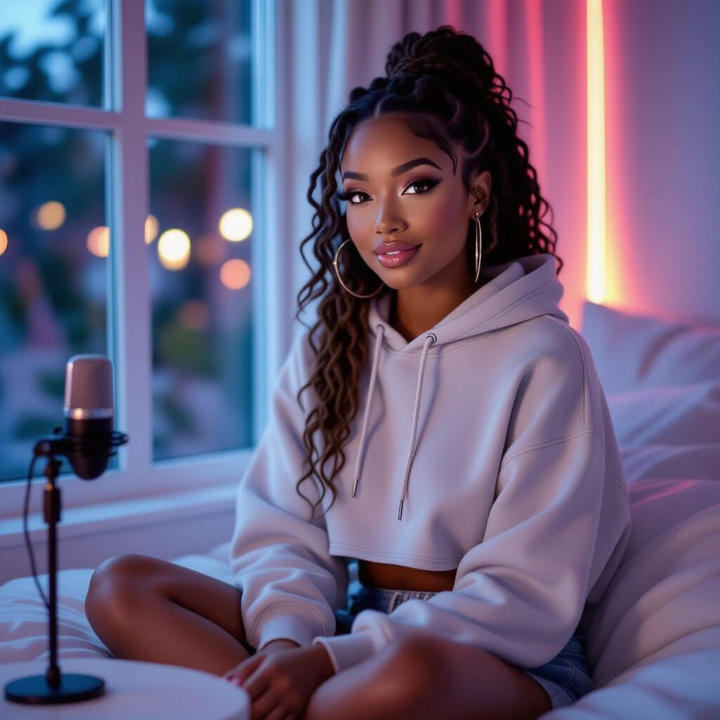 ASMR Influencer Whispers Playfully Near Neon Window