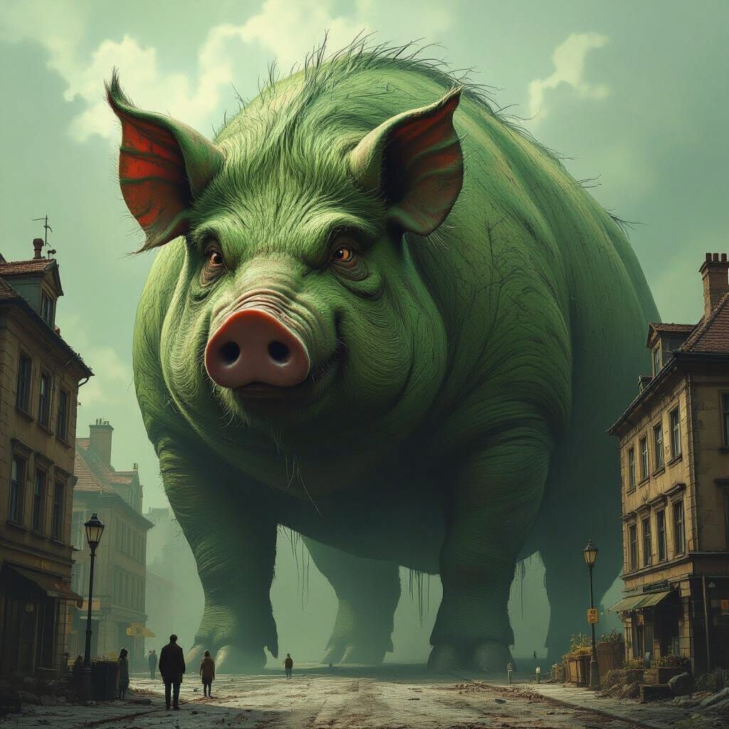Colossal Grotesque Pig Dwarfing Cityscape in Dark Surreal St...