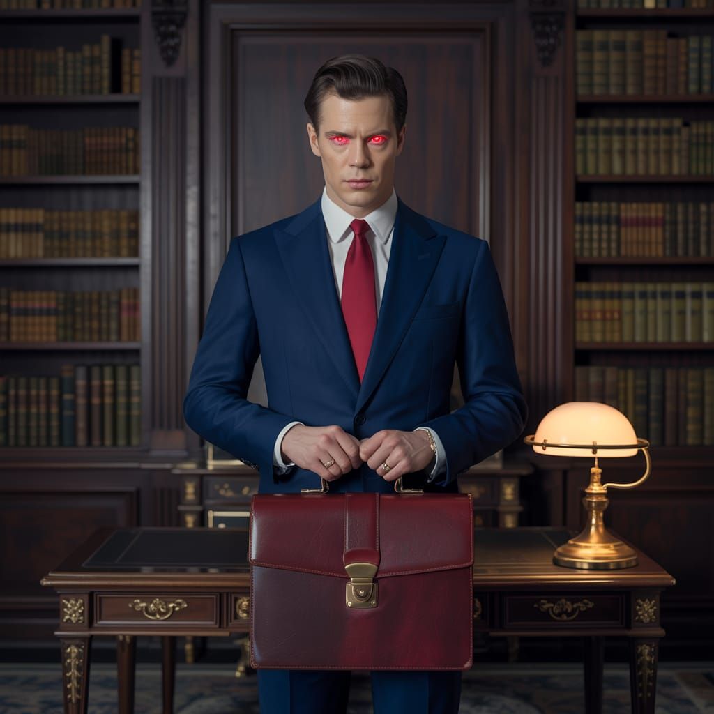 Ominous Figure in Opulent Study with Red Tie