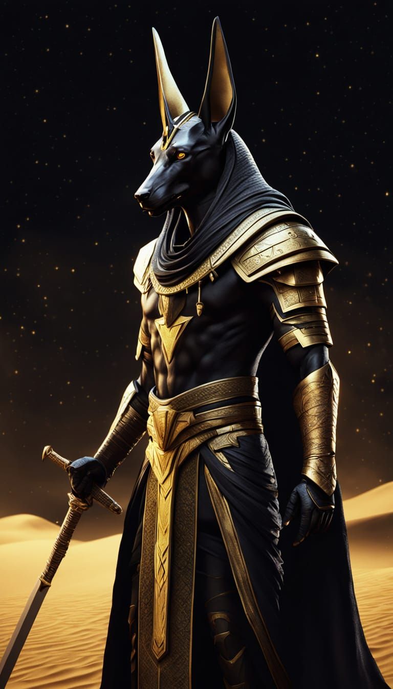 Elegant Anubis in Dark Fantasy Robes, Surrounded by Starry D...