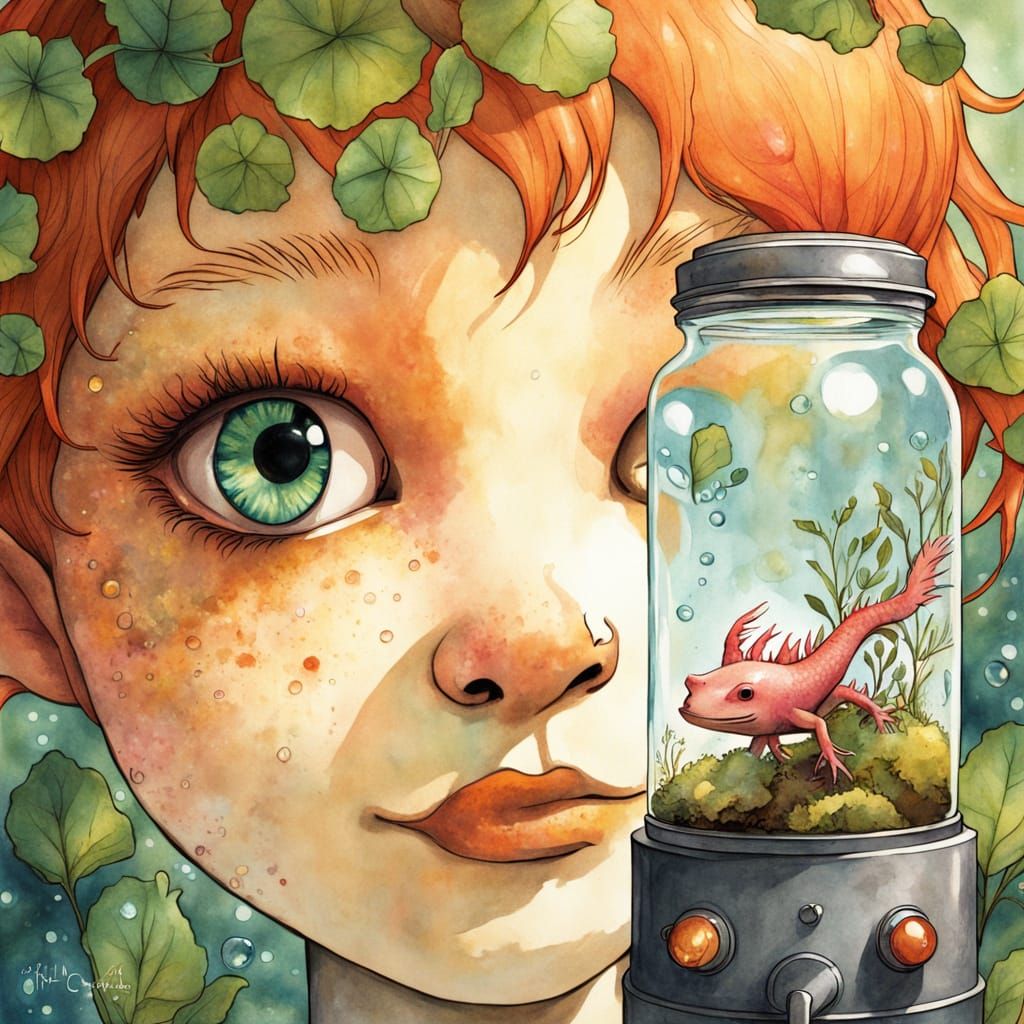 Whimsical Watercolor Portrait of a Boy Discovering Axolotls