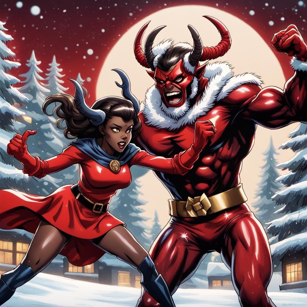 Mrs. Claus Punches Krampus in Superhero Style