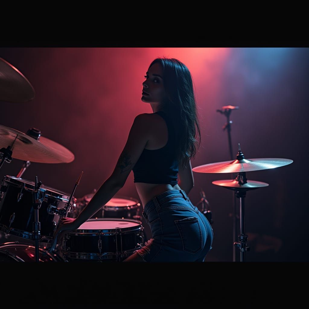 Female Drummer in Concert Lighting, Photorealistic Style