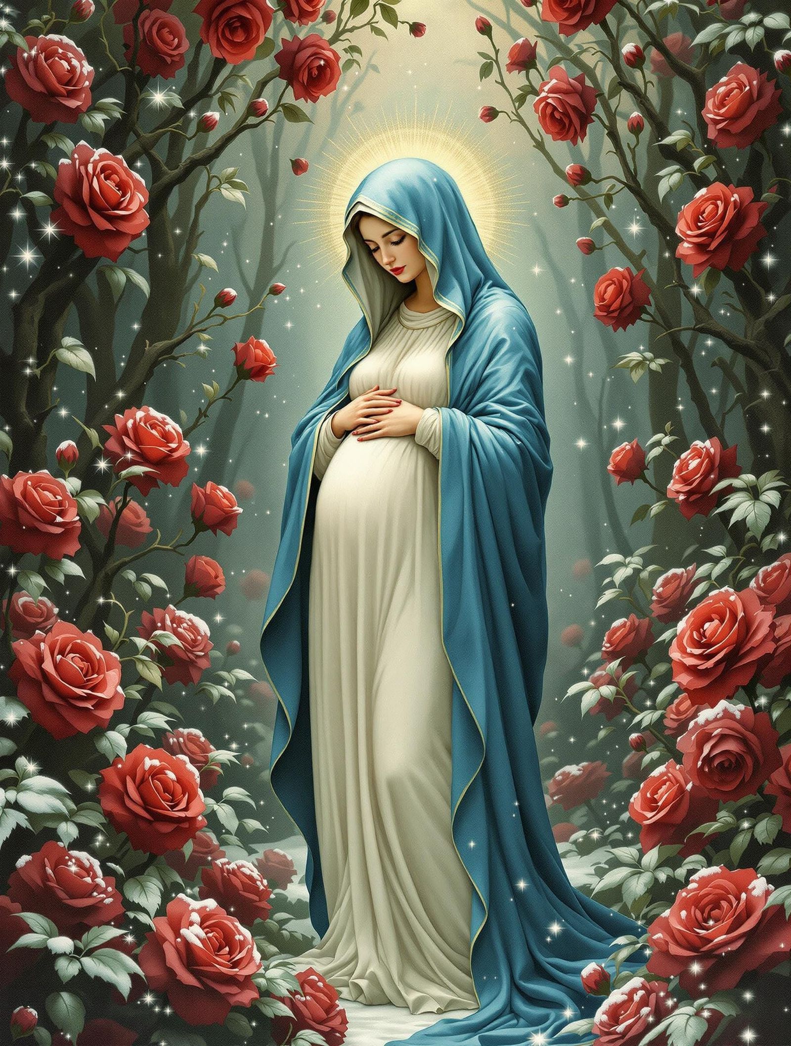 The Serene Virgin Mary Amidst a Thorny Rose Garden
