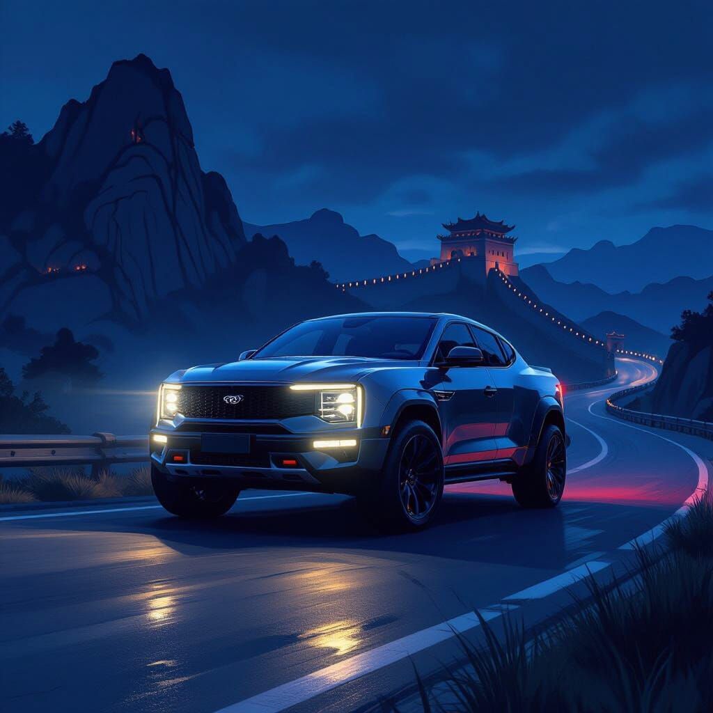 Great Wall DIR Aftermarket Headlights on Dark Road