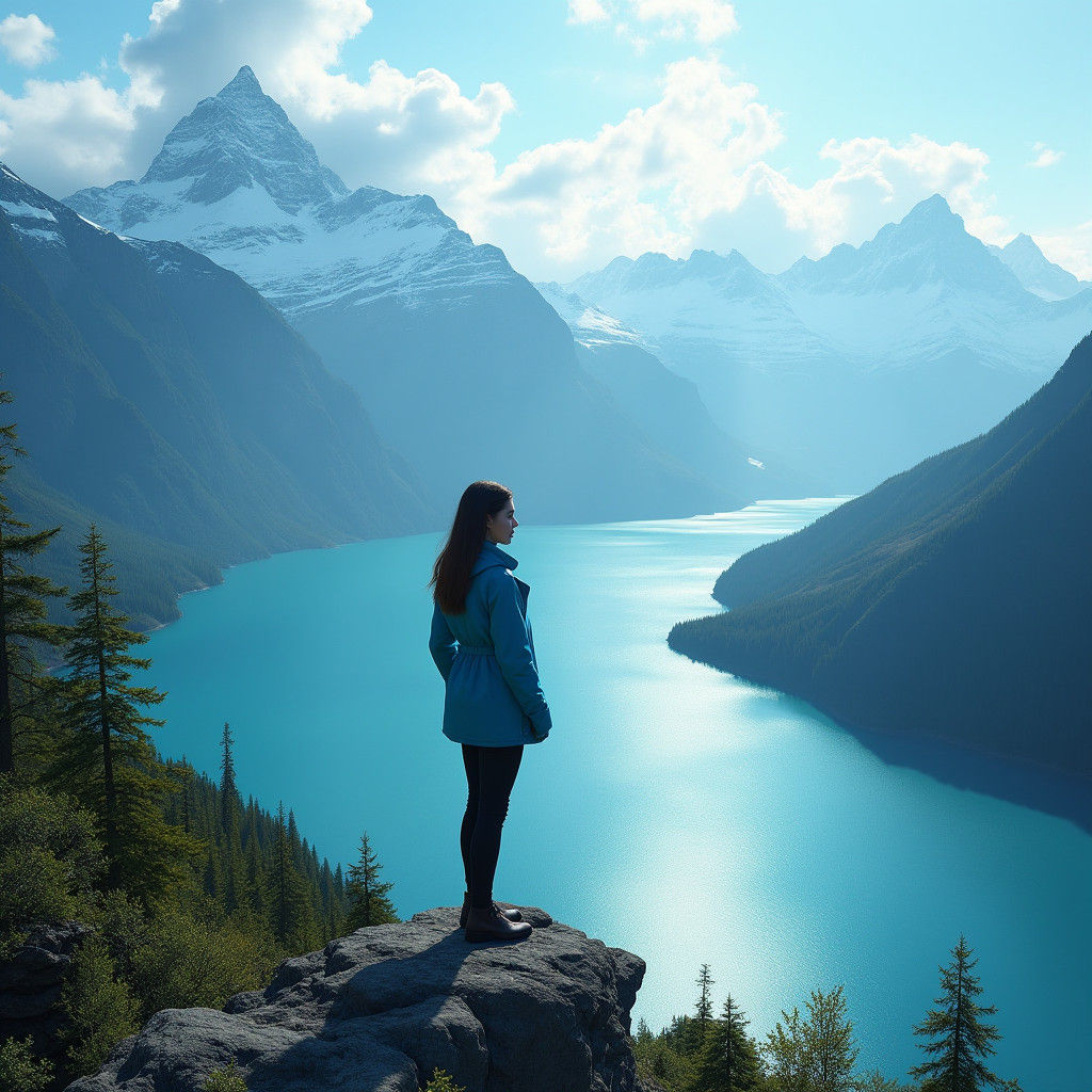 Woman on Cliffside Overlooking Turquoise Lake
