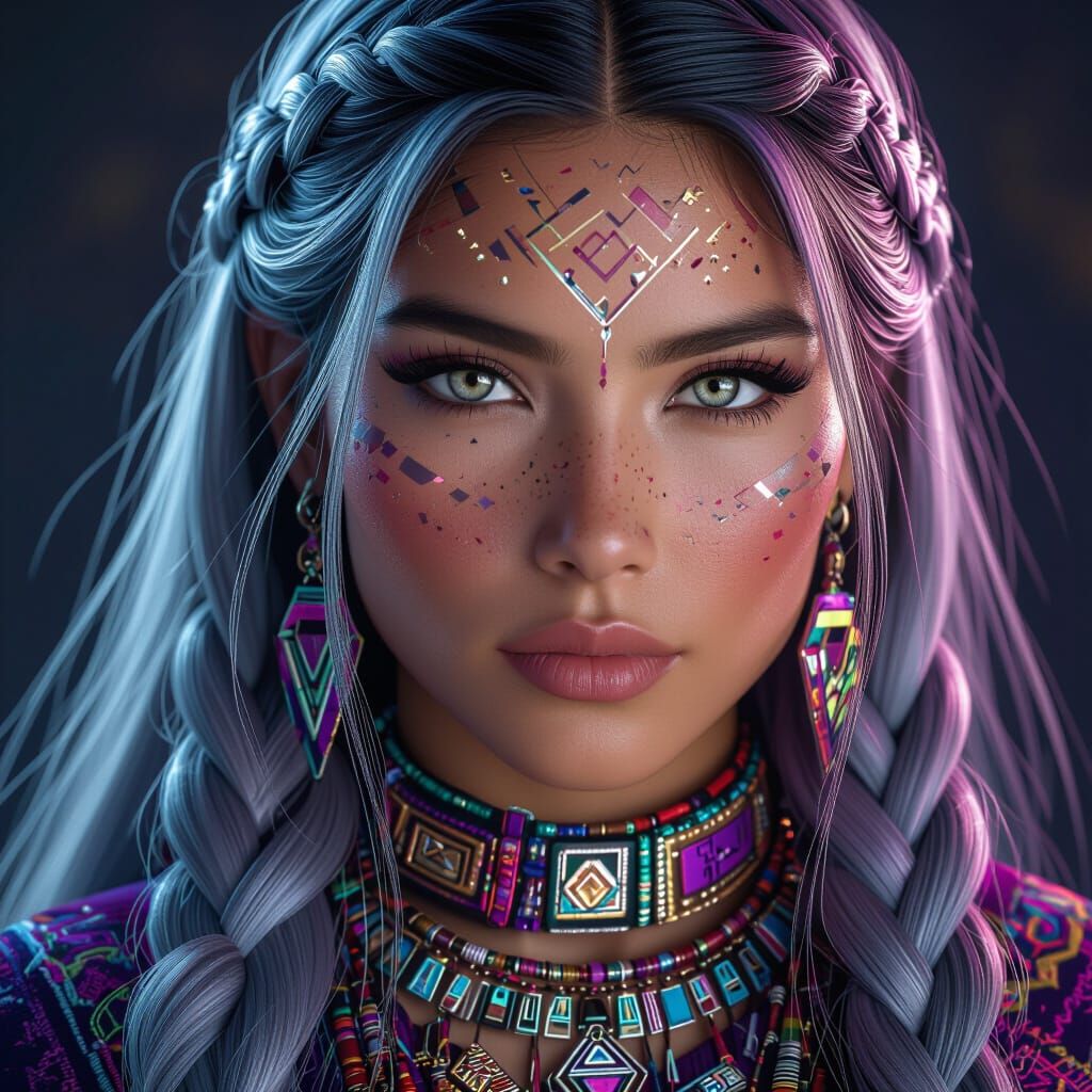 Hyperrealistic Inka Woman Portrait with Silver and Purple Ha...
