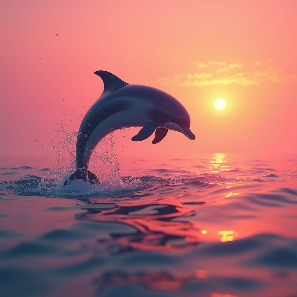 Dolphin Leaps from Pink Ocean at Sunset