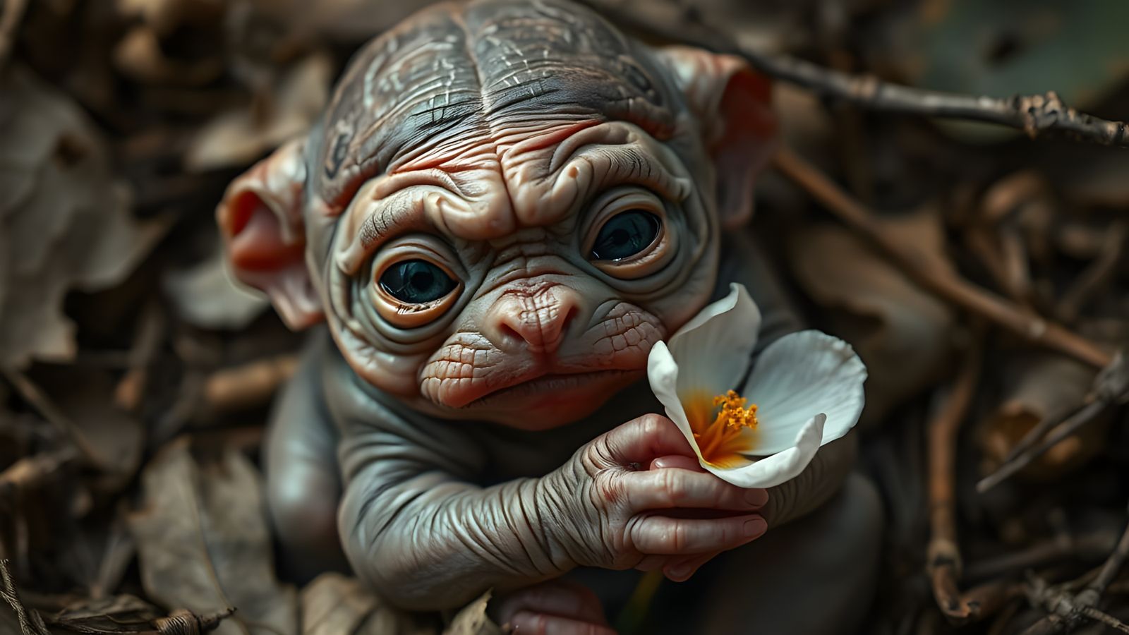 Hyperrealistic Newborn Beast with Flower Petal