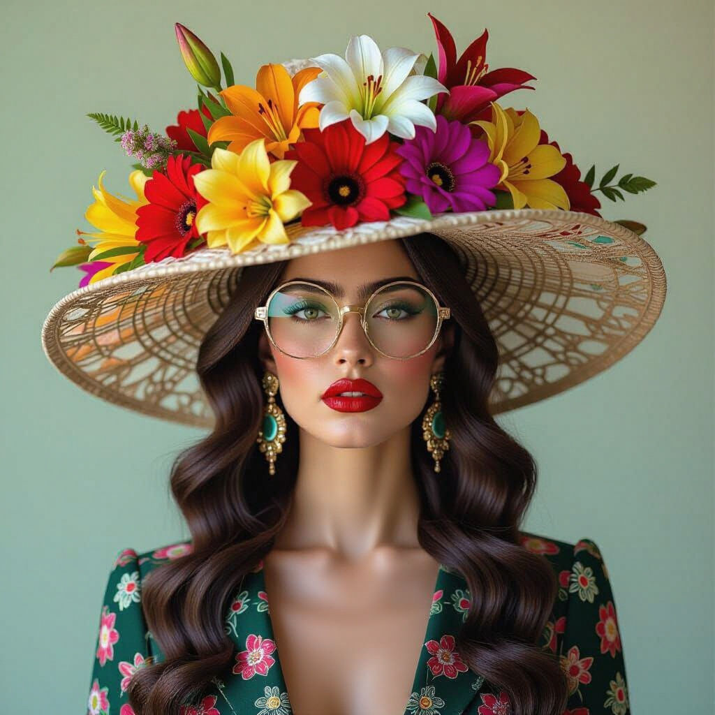Surreal Portrait of a Woman with a Floral Crystal Hat