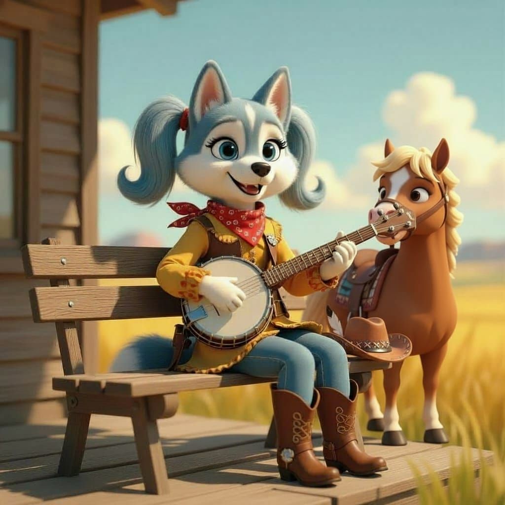 Husky Cowgirl Plays Banjo on Porch in Ghibli Style