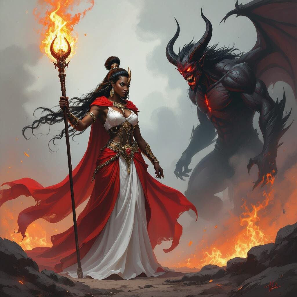 Black Warrior Goddess of Fire Confronts Demon in Epic Fantas...