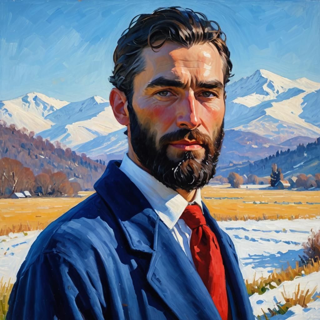 Serene Man in Snowy Fields, Impasto Painting