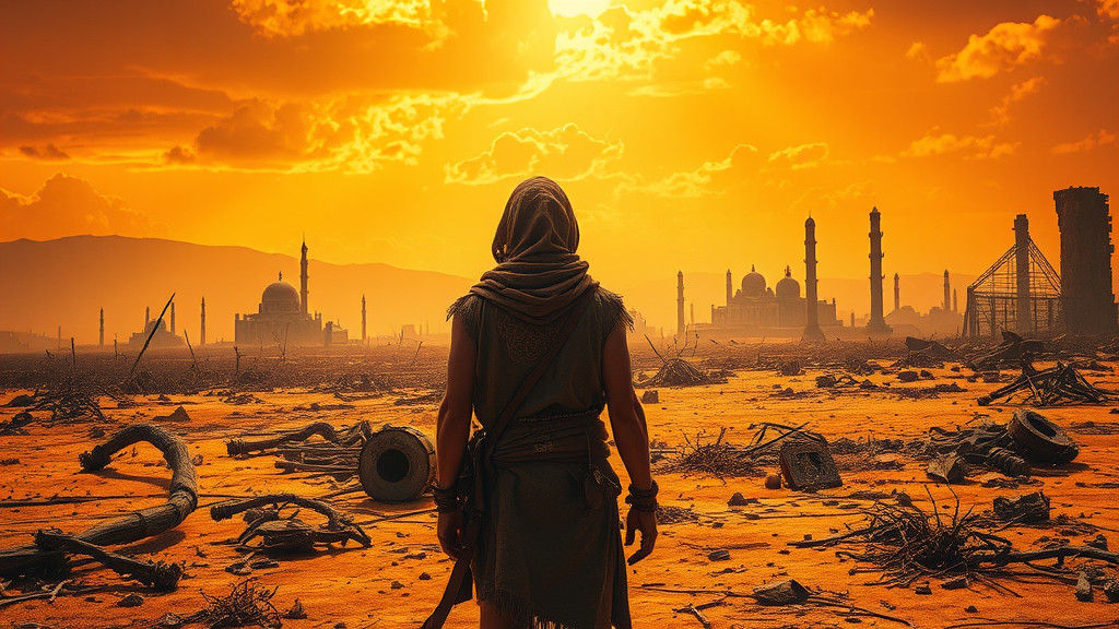 A post-apocalyptic landscape, bathed in the warm, golden light