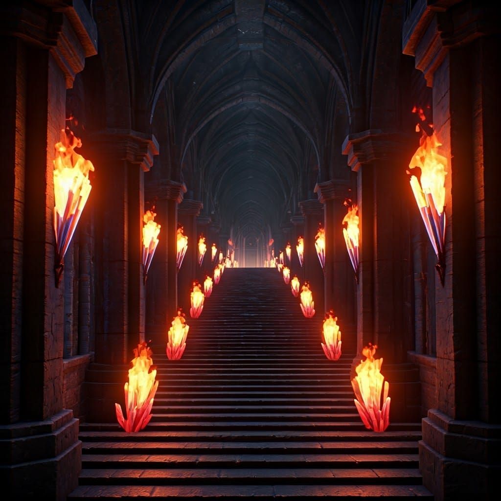 Crypt Corridor Lit by Fire Crystal Torches in 3D Anime Art
