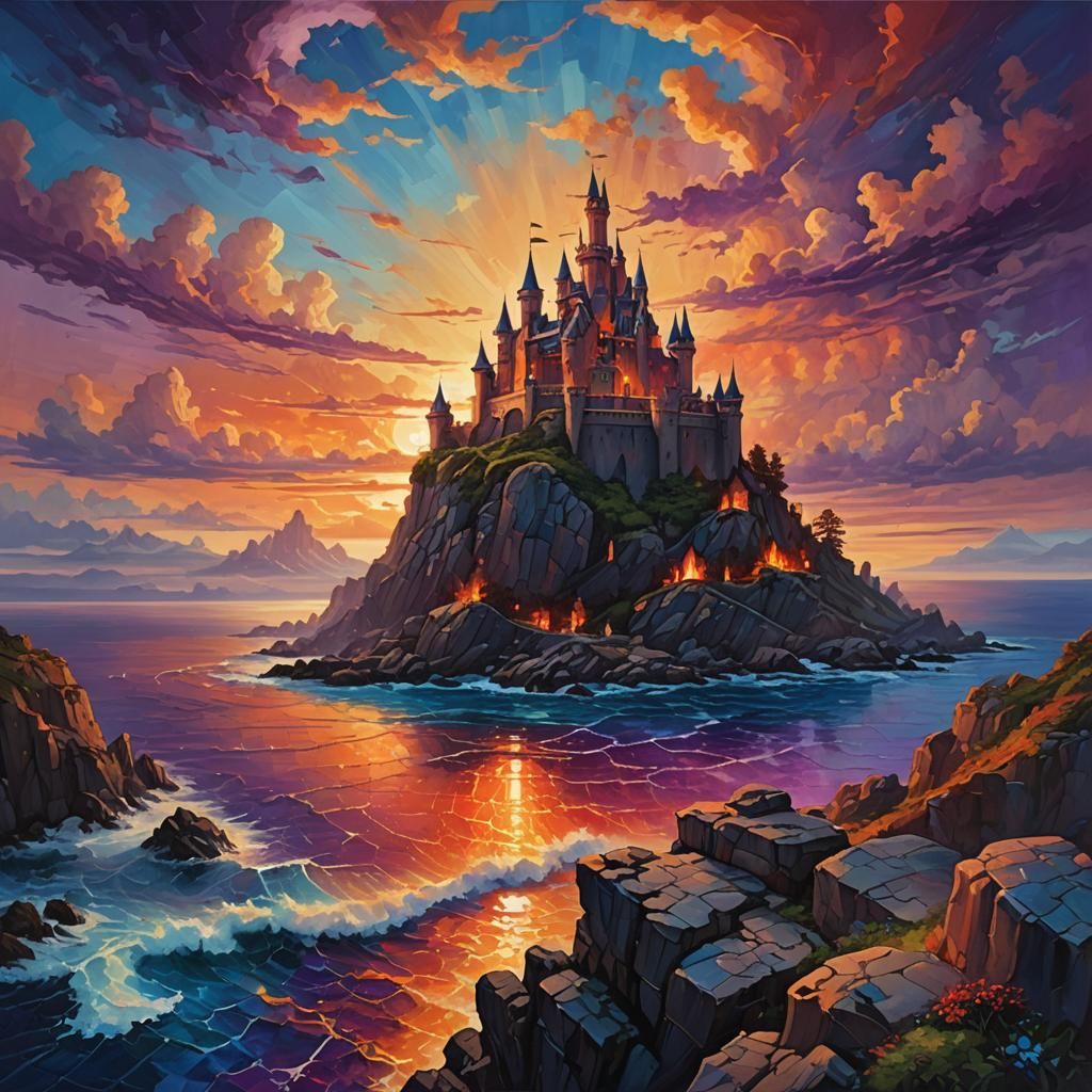 Fantasy Castle Sunset: Digital Oil Painting Landscape