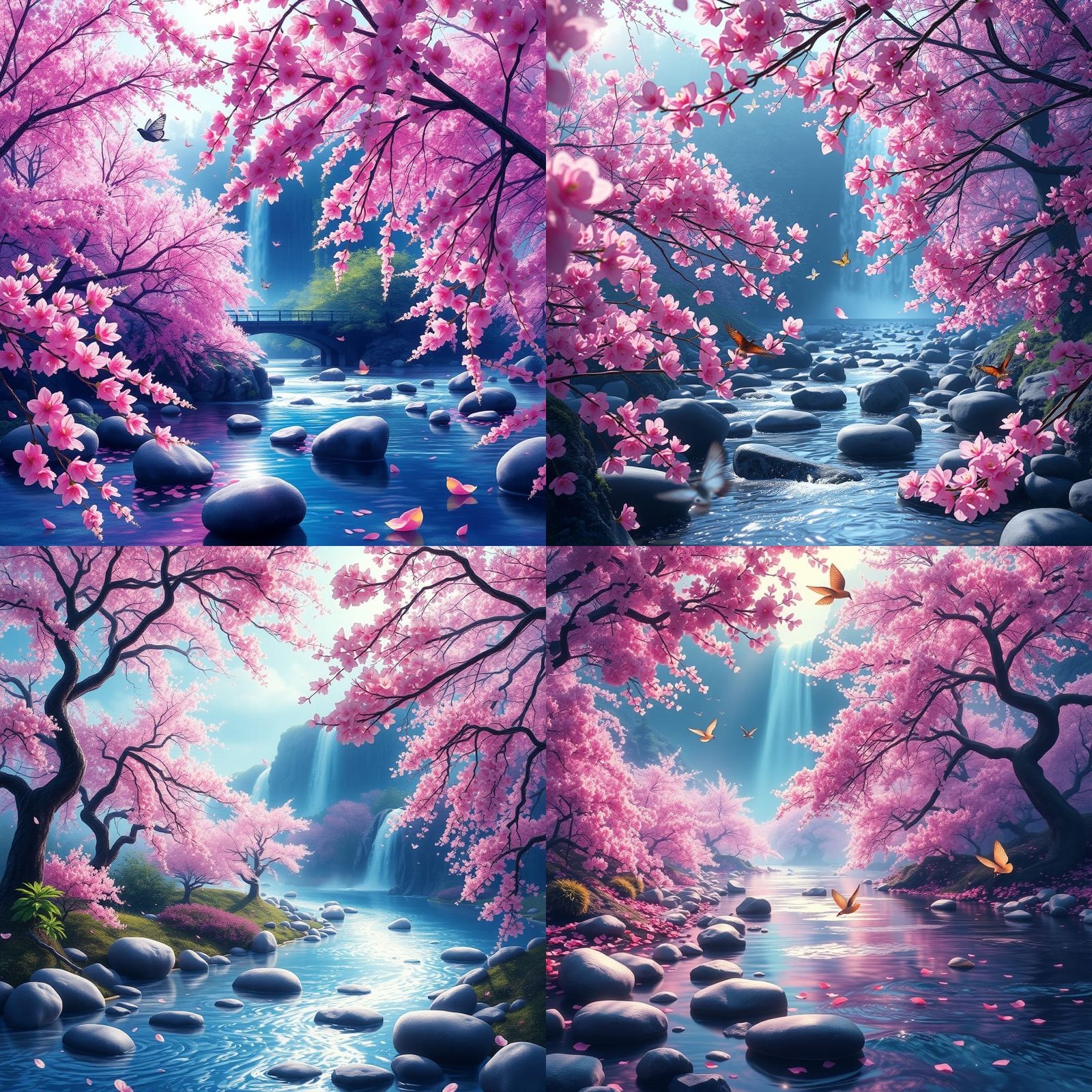 Lush Sakura Forest with Waterfall, Digital Painting