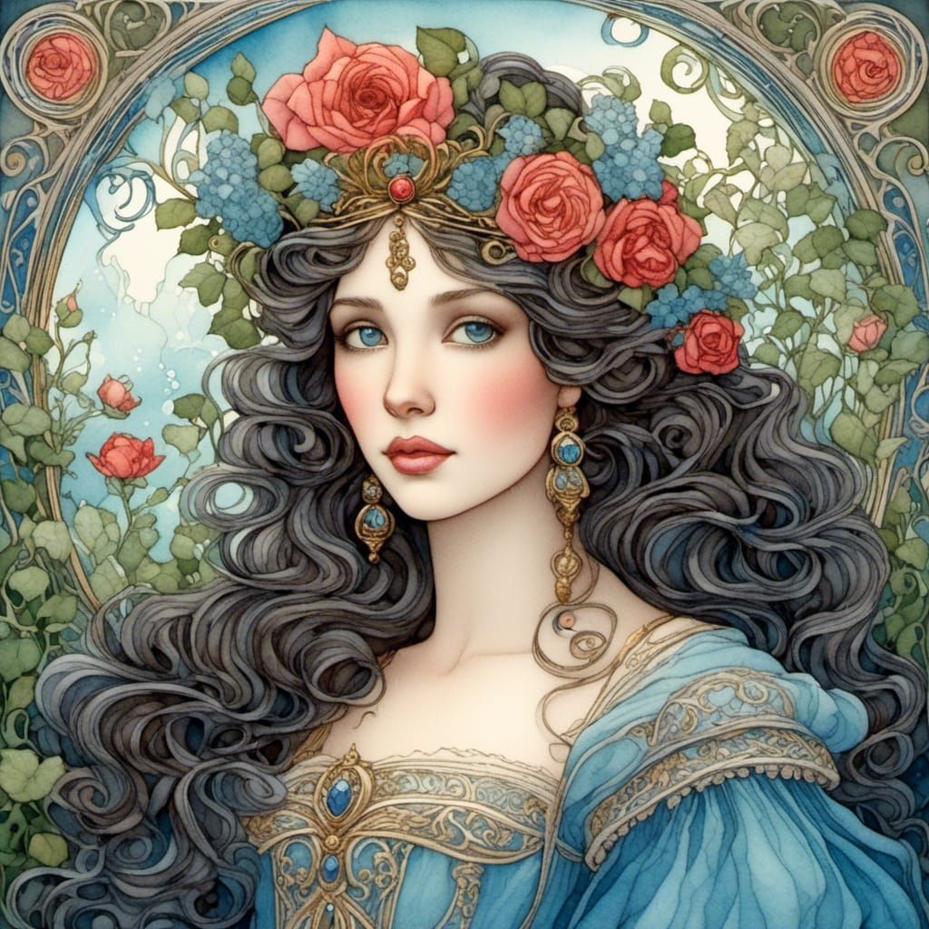 <lora:JoZen:1.0> A fairytale princess, (beautiful, large blue eyes, porcelain complexion, long curly black hair parted ...