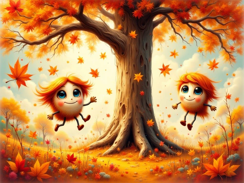 Anthropomorphic Autumn Leaves Falling Joyfully