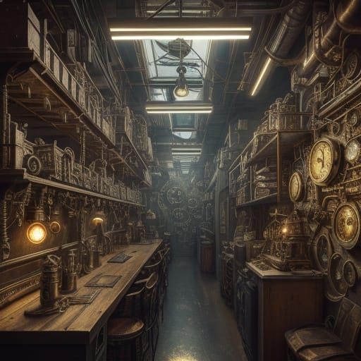 Inventors in a Whimsical Steampunk Workshop
