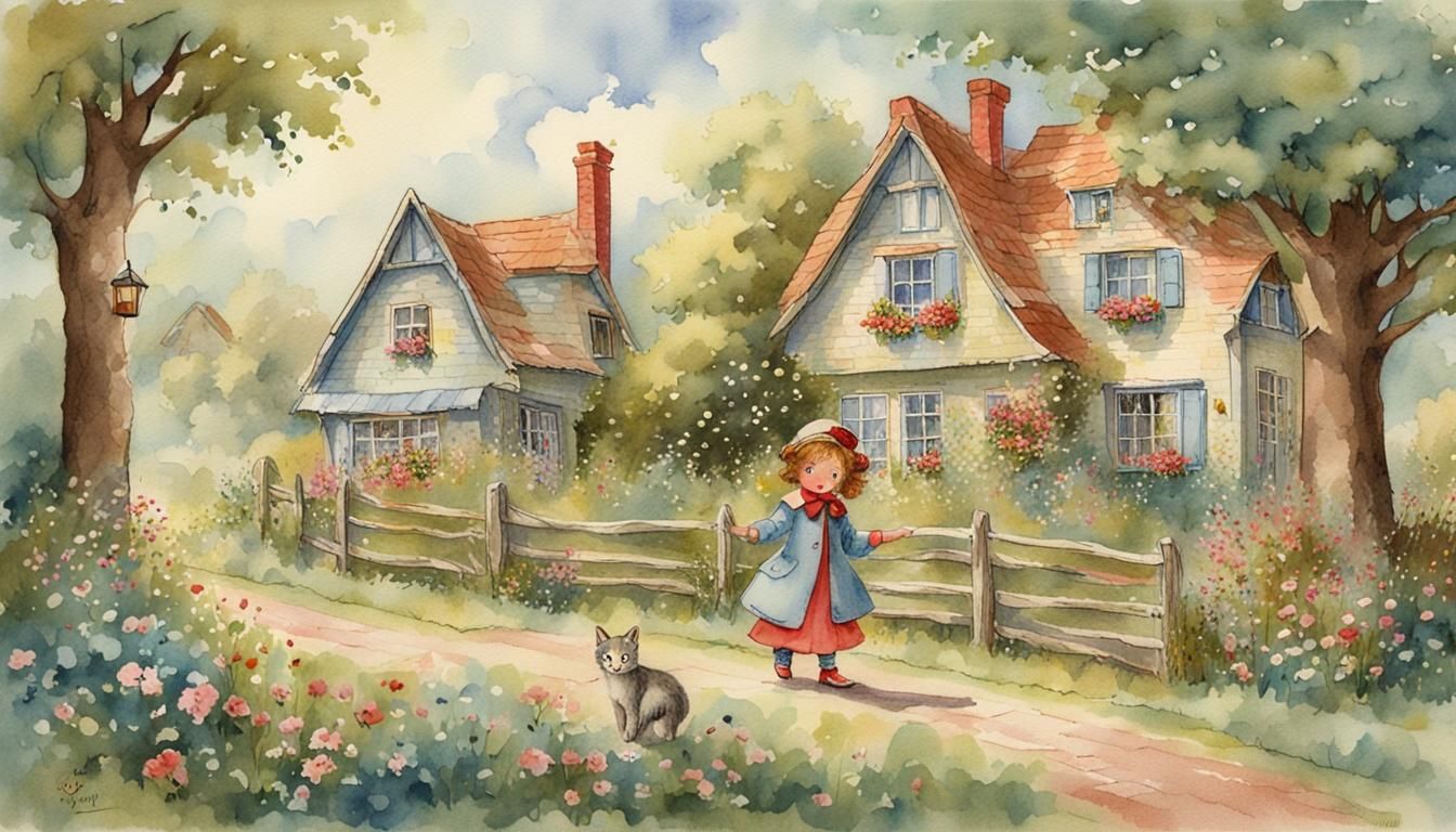 Whimsical Girl Illustration in Vintage Watercolor Style