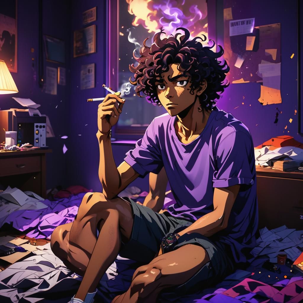 Dramatic Anime Male, Lost in Thought on a Cluttered Bed