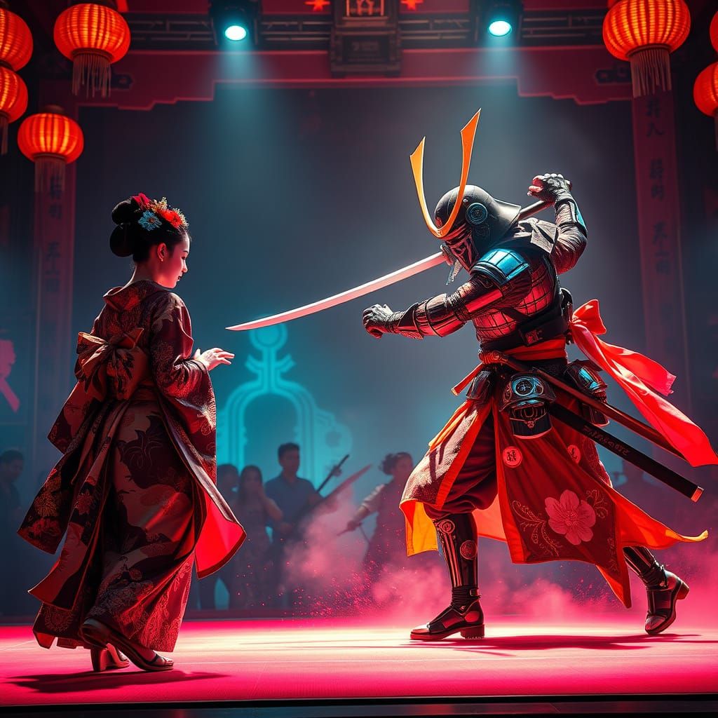 Cyberpunk Geishas and Samurai in Futuristic Battle