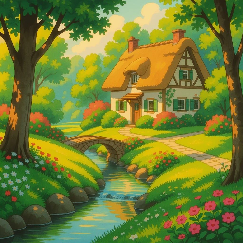 Quaint Cottage in Serene Garden with Stream at Golden Hour