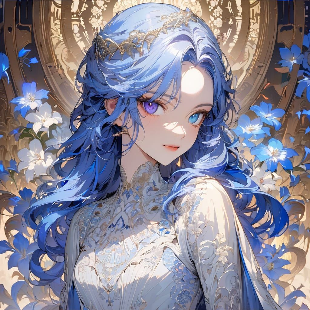 Moe Anime Girl with Heterochromia Eyes in Delicate Floral Dr...