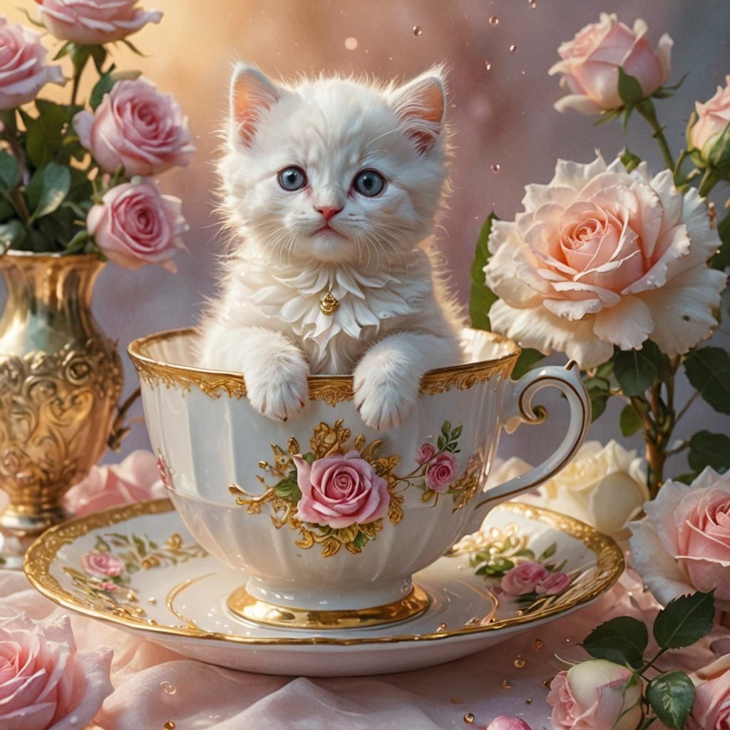 Kitten in Teacup with Roses: Hyperrealistic Still Life