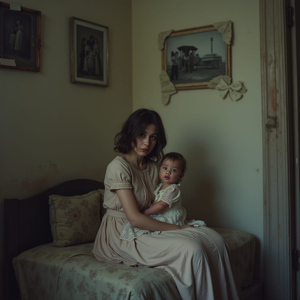 Grieving Mother with Child: Moody Cinematic Portrait