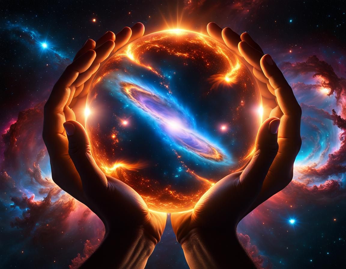 Galactic Fire in Cupped Hands: Hyperdetailed 3D Render