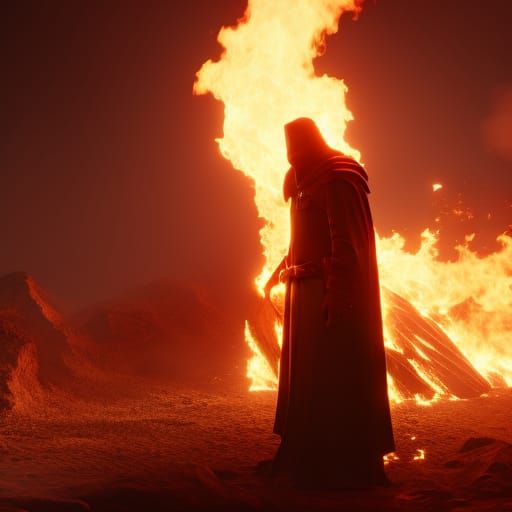 Cloaked Figure Surrounded by Fire: 3D Cinematic Art
