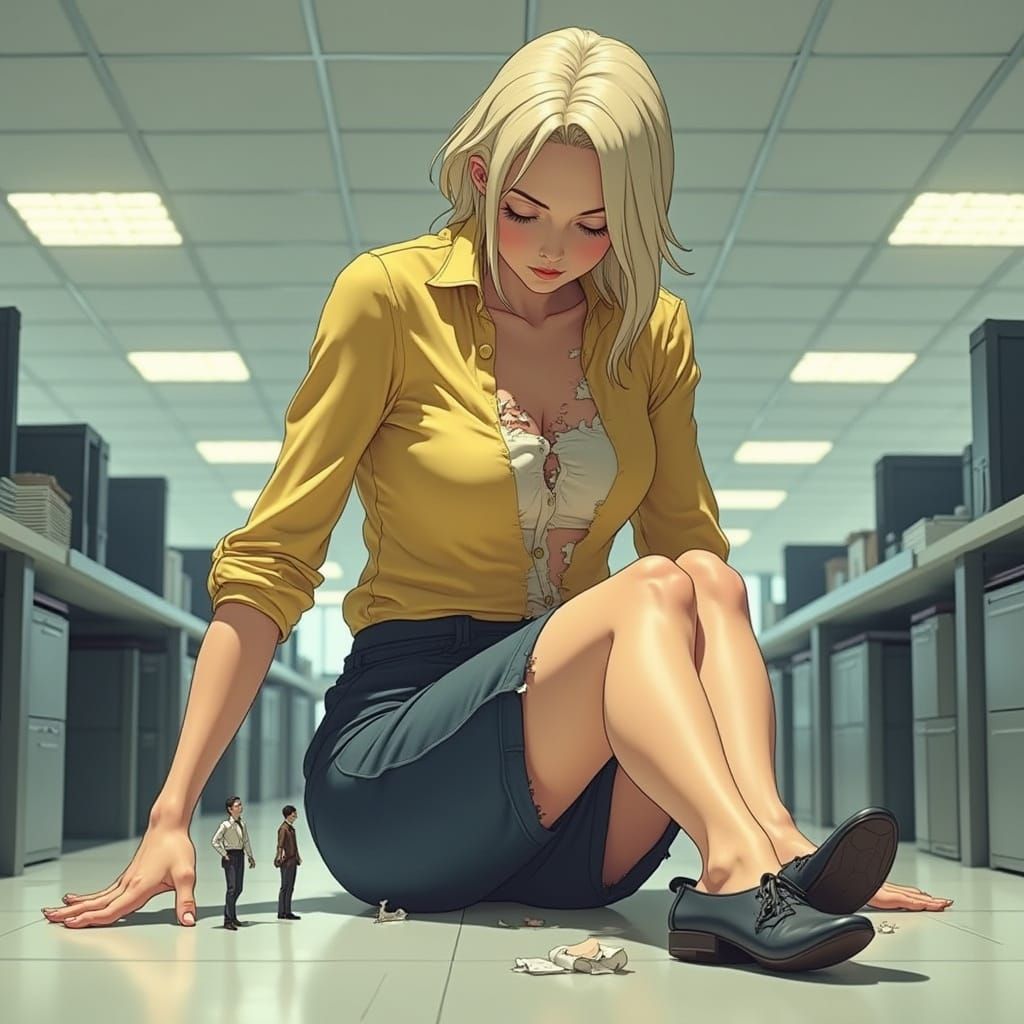 Giant Young Woman Strains in Modern Office
