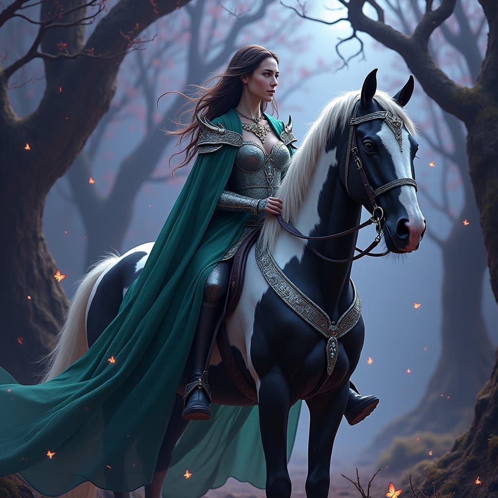 Woman on Piebald Horse in Magical Forest Art
