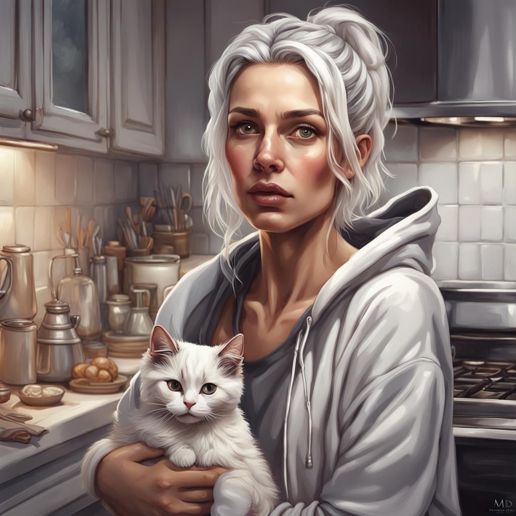 Greek Woman in Chaotic Kitchen, Hyperrealistic Splash Art