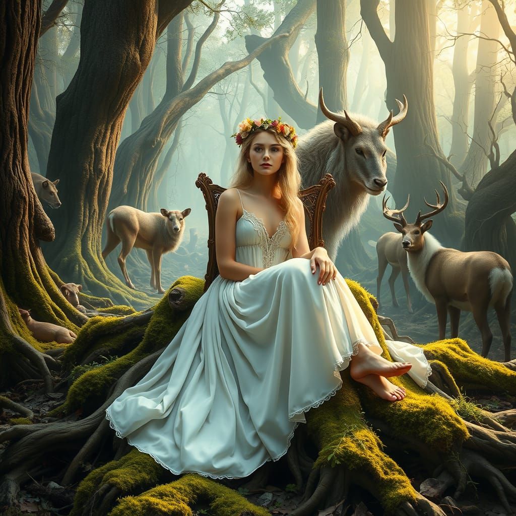 Ethereal Woman on Forest Throne, Renaissance Magical Realism