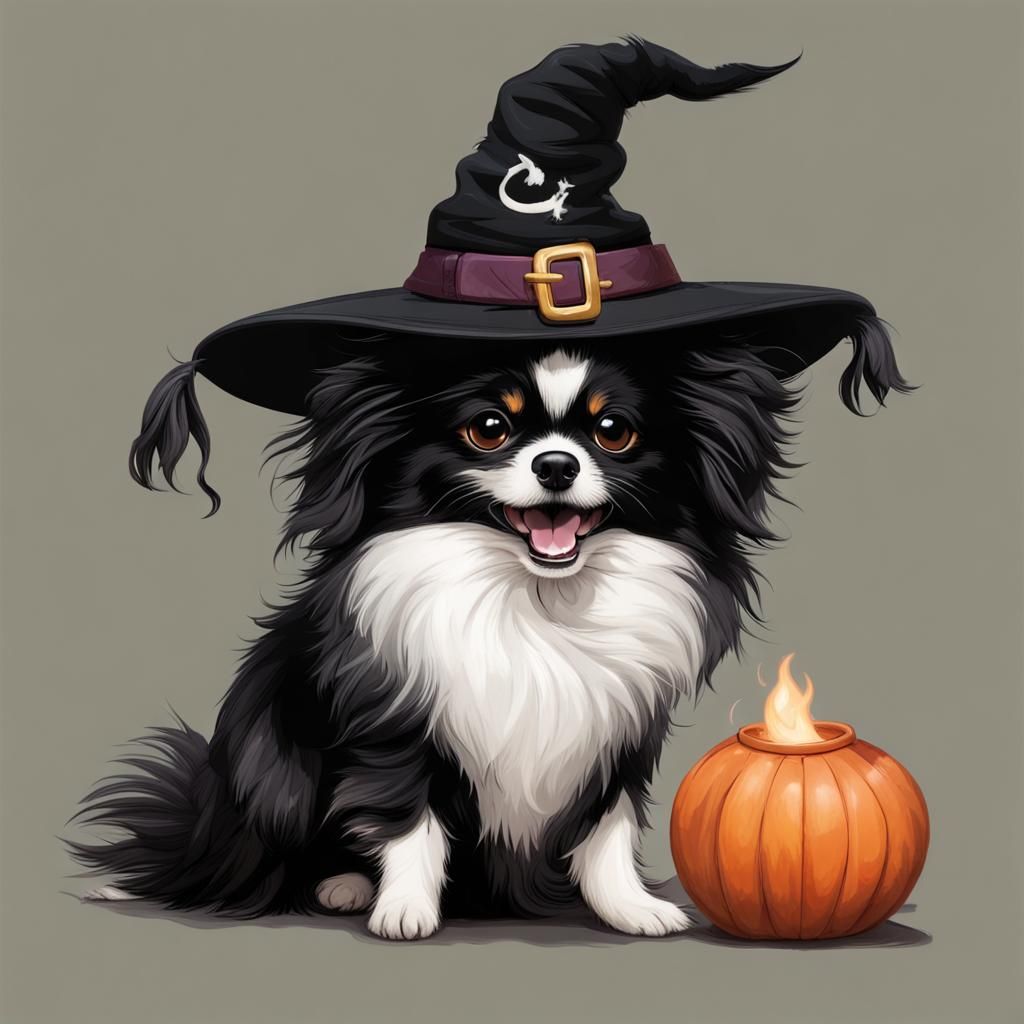 Pom-chi Puppy Plays with Witch's Hat
