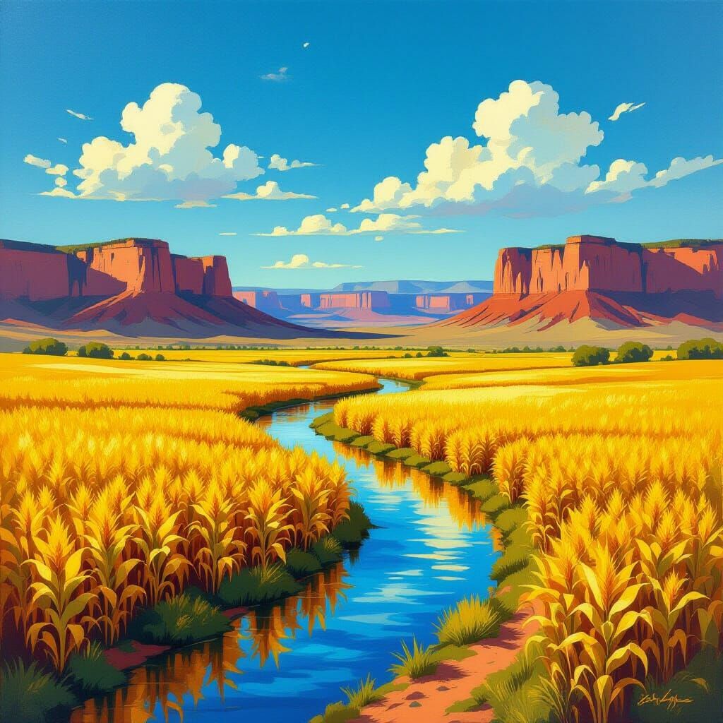 Golden Cornfields Under Blue Skies with New Mexican Cliffs