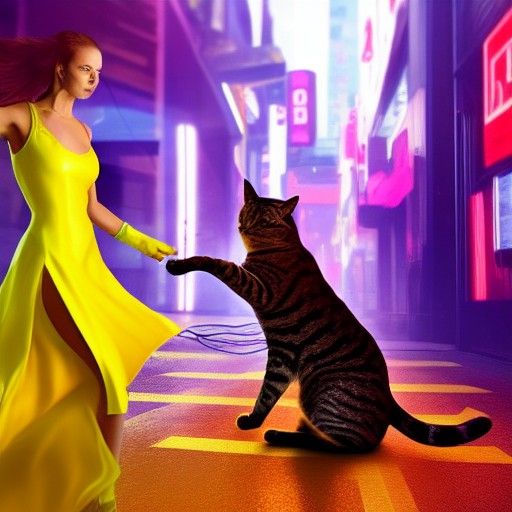 Girl Dancing with Cat in Cyberpunk Style