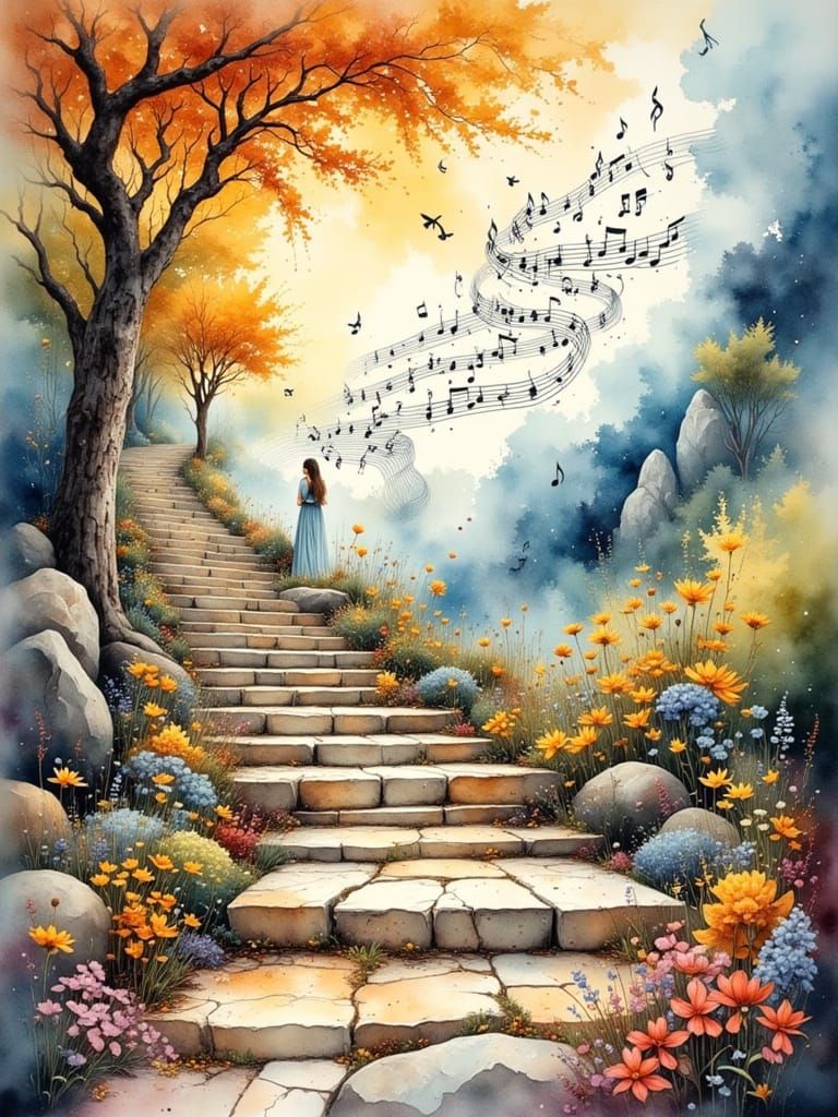 Musical Staircase Ascends to the Sky: Watercolor Painting