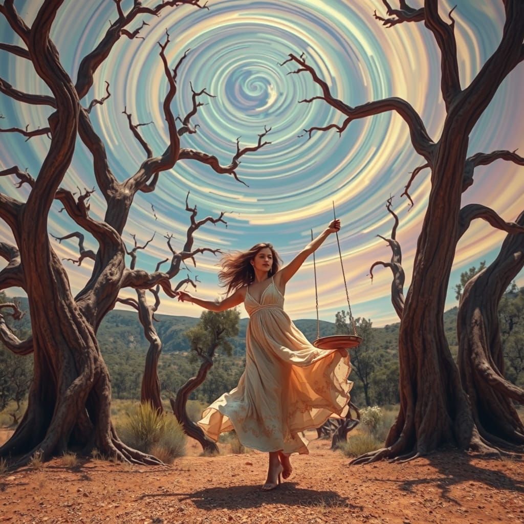 Dreamlike Australian Outback Landscape with Twisted Trees an...