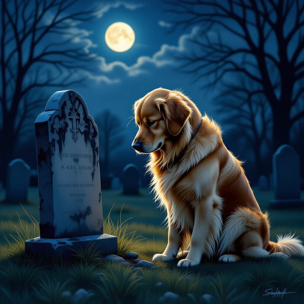 Loyal Dog Mourns at Moonlit Grave