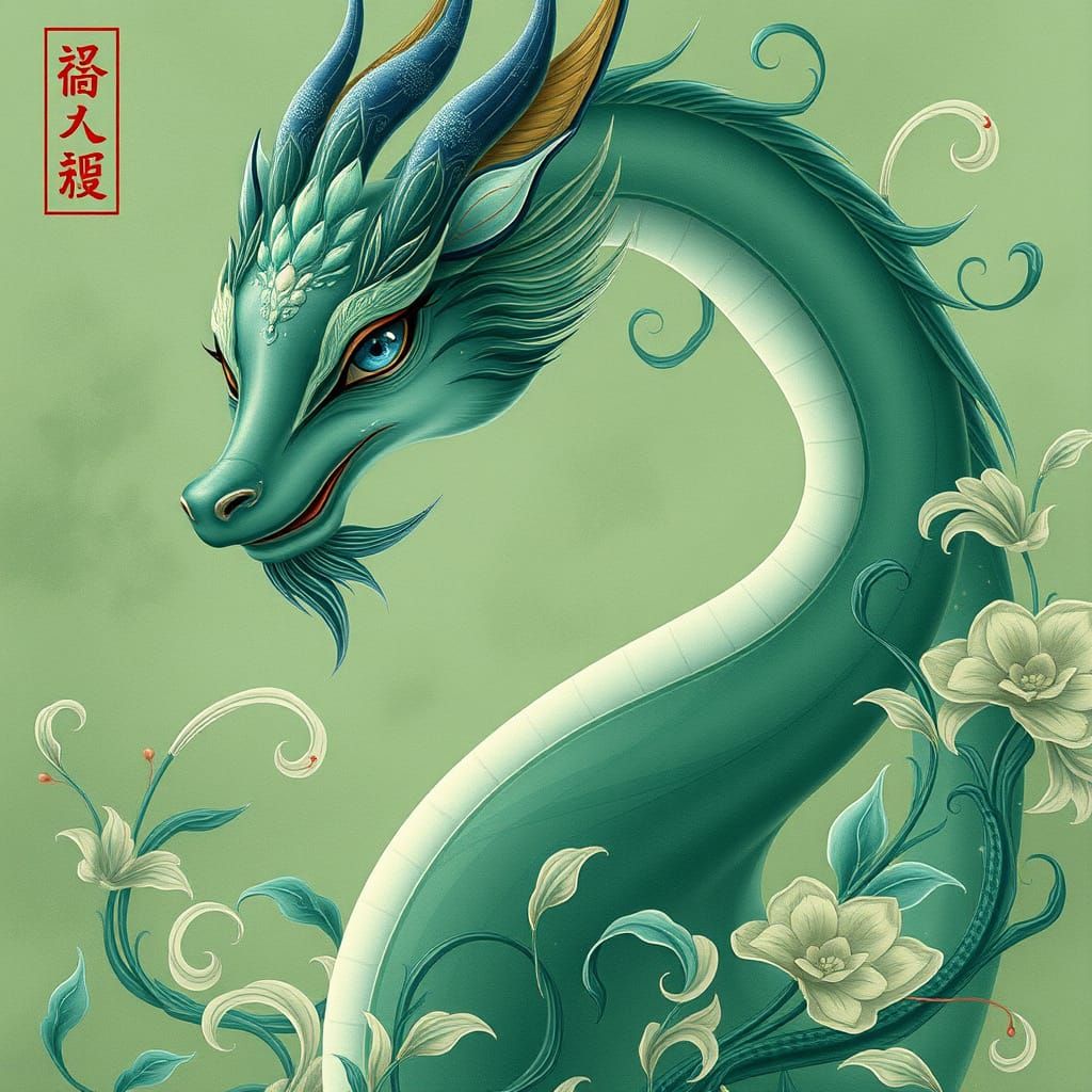 Ethereal Chinese Dragon with Sapphire Eyes in Lush Green Hue...