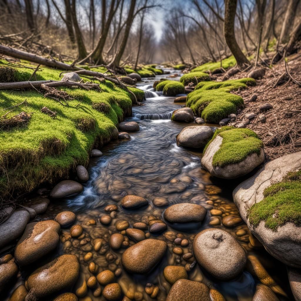 Hyperrealistic Crystal Spring and Babbling Brook