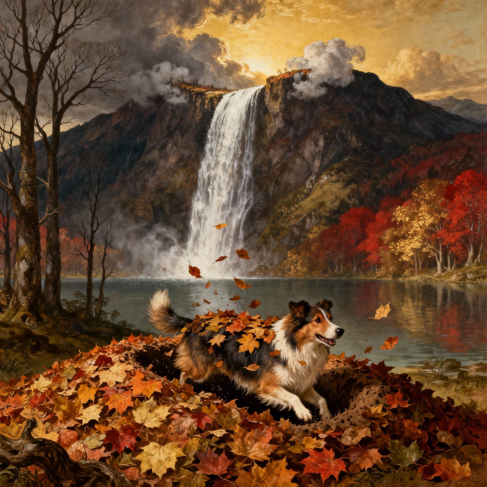 Collie Dog Plays in Autumn Leaves by Waterfall
