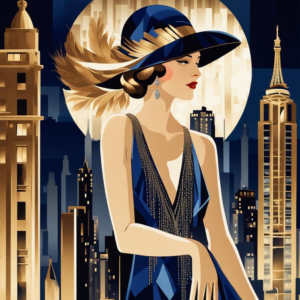 Art Deco Woman in Cityscape Near Eiffel Tower
