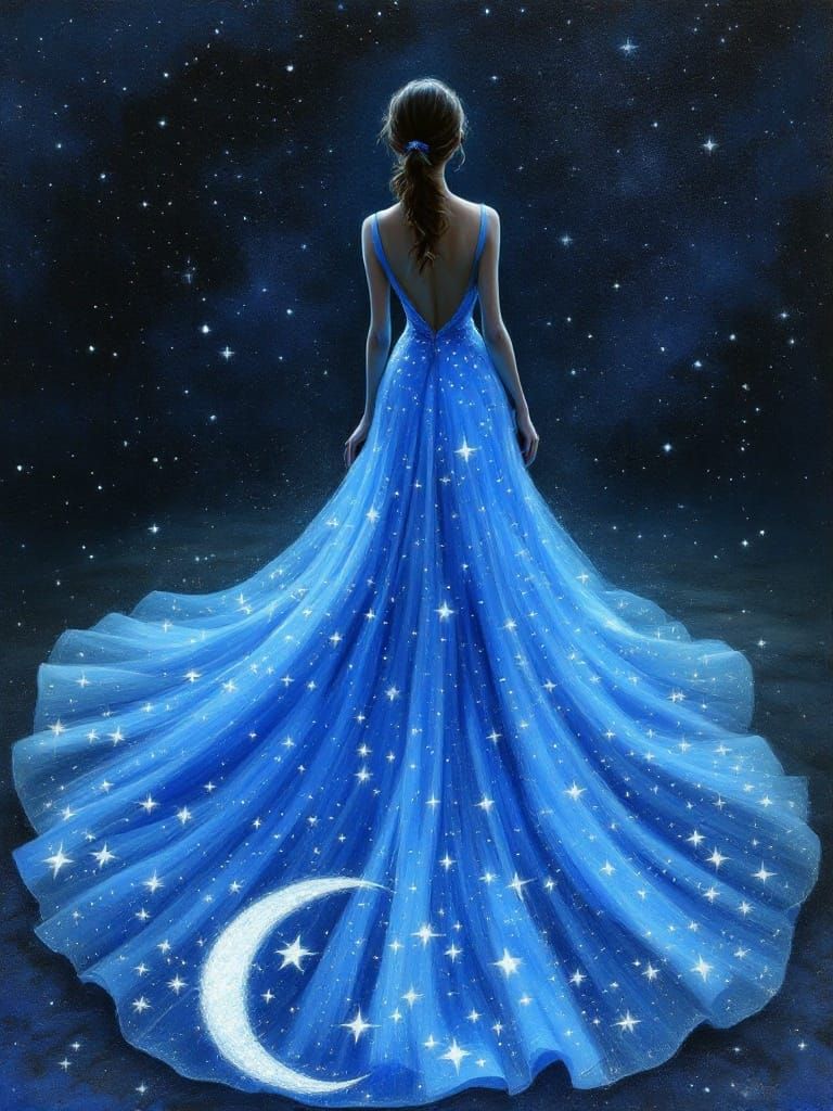 Dreamy Woman in Celestial Blue Gown with Tiny Stars