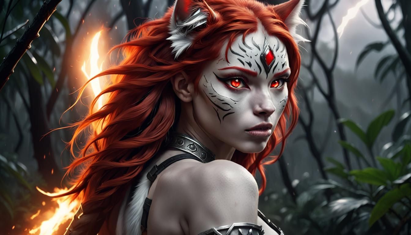 Noir Cat Warrior Princess in Jungle Thunderstorm